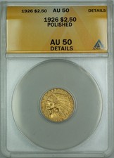 1926 $2.50 Indian Quarter Eagle Gold Coin Anacs Au-50 Details Polished