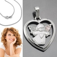 Kinder Mütter Herz mit Schutz Engel Zirkonia Anhänger mit Kette Echt Silber 925