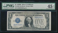 Ac 1928B $1 Silver Certificate Pmg 45 Epq Fr 1602 G-B block Funnyback!