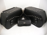 Motorrad Satteltaschen + Werkzeugtasche Echt Leder Nietenbesatz Set 71