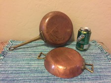 2-Antique Copper Pans w/Brass Handles 15"L X 8"D X 1.5"H ~10"L X 7.25"D X 1.5"H