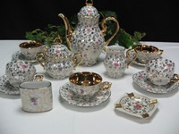 Altes 15tlg. Porzellan Mokkaservice Kaffeeservice Teeservice Service Gold Blumen