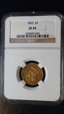 1855 P $3 Gold Ngc Xf45 Extra Fine Indian Princess Head Three Dollars Coin