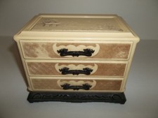 EXQUISITE ANTIQUE ASIAN JEWELRY BOX CELLULOID W/ BAKELITE DRAGON HANDLES BASE