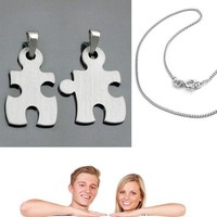 2 Partner Freundschafts- Puzzle Teile Anhänger matt mit 2 Ketten Echt Silber 925