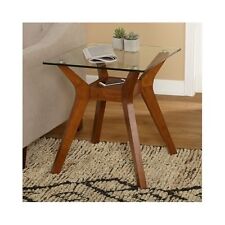 Modern End Table Walnut Finish Glass Top Mid Century Retro Accent Side Furniture