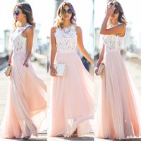 Damen Spitze Abendkleider Sommer Maxikleid Bodenlang Party Hochzeit Kleider Pink