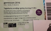 Gamescom Ticket Sonntag 21.08.2016 (ermäßigt)