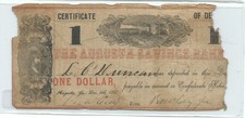 1861 The Augusta Savings Bank $1 One Dollar Certificate of Deposit Georgia Note