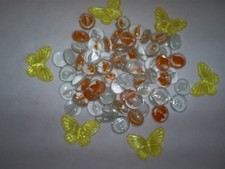 10 Ozs. of Orange&White Cat Eye Flat Marbles& Yellow Acrylic Butterflies-Crafts