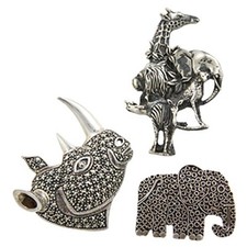 Three 3 Vintage 925 Silver Marcasite Safari Animals, Elephant, Rhinoceros Brooch