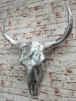 XXL Bullenschädel Stier Kopf Skulptur 69 cm Geweih Stier Schädel Bulle Silber 