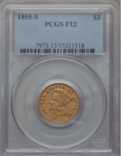 1855-S $3 Gold Indian Princess Three Dollar Coin - Pcgs F12