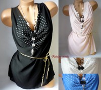 Italy Glitzer Strass Chiffon Bluse Shirt Tunika Top m.Wasserfall*XS S M-34 36 38