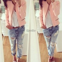 Frauen kurze Jacke dünne Manteloberbekleidung Reißverschlussjacke Spitzen Bluse