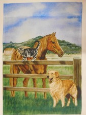Brown Horse, Golden Retriever Dog, and Gray Cat , Pets on Farm Garden flag