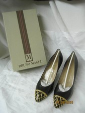 Vtg 80's Bruno Magli Italy Woman's Shoes black heels w/ gold filigree Mib 7 1/2B