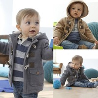 Baby Warm Fleece Hooded Coat Horn Button Outerwear Boy Snowsuit Toddler Jacket