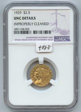 1929 $2 1/2 Indian Gold (#4888) Ngc Unc Dtls Cleaned. Very Nice Lustorus Coin. C