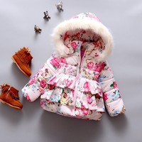 Kids Winter Jacket Flower Cotton Down Coat Baby Girls Hooded Outwear 2-4Y