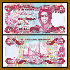 Bahamas 3 Dollars, 1984 P-44a L.1974 Queen Elizabeth Ii Unc