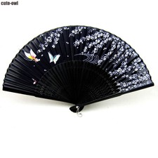 New Folding Black Silk Bamboo Butterfly & Floral Print Pocket Hand Fan