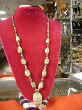 Vintage hand Made Egyptian Scarab Bead Long Necklace 1980 Made in Egypt