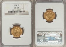 1854 Rare $3 Gold Coin - Ngc Graded Au 50 - Almost Uncirculated - Stuart Katz
