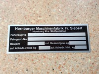 Typenschild für Anhänger    Hornburger Maschinenfabrik   Fritz Siebert