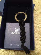 Swan Swarovski Brand Keychain Black Crystal On Braided Suede
