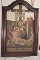 HUGE antique hand carved religious stations of cross Church wood wall sculpture