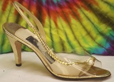 sz 7-7.5 vtg 70s gold leather & clear vinyl Amano slingback peep-toe pumps shoes
