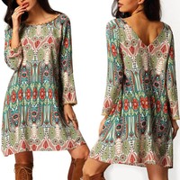 Damen Rundhals Langarm Minikleider Party Strandkleid Kleid Gr.34 36 38 40 42 44