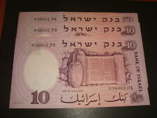 Israel 10 Lirot Pounds 1958 , 3 Consecutive Numbers , Unc Bank Notes Prefix Kof1