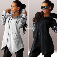 Damen Hoodie Kapuzen Bluse Briefe Print Zipper Sweatshirts Sport Pullover Top