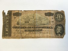 1864 Confederate States America $20 Twenty Dollar Bill Civil War Currency Note!