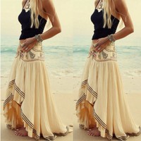 Damen Sommer Chiffon Boho Lang Maxirock Strandrock Asymmetrisch Abend Rock32-38