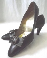 Vtg 1950s Black Leather Buttons and Bows Heels Shoes Pumps Size 6 aaa Euc!