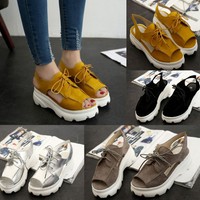 Damen Ferse Sandalen Pantoffeln Schnürer Peep Keilabsatz Bandage Badeschuhe  