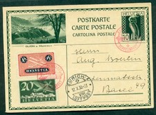 Switzerland, 1930 Swiss Flight, pretty airmail franking on 10c postal card