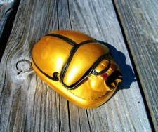 Vintage Golden Large Egyptian Heart Scarab Beetle Hand Painted