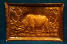Unusual Rectangular Hammered Copper Rhinoceros Rhino Art Plaque