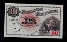 Sweden 10 Kronor 1929 M Pick # 34l Au-Unc Banknote.