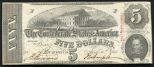 T-60 1863 $5 Five Dollars Csa Confederate States Of America