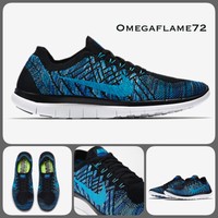 Sz 10 Nike Flyknit Free 4.0 Mens Running Shoe 717075-004 Black Blue Racer