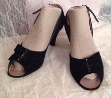 Vtg 40s 50s Heels Sling Back Shoes Pump Suede Rhinestone Mademoiselle 8 1/2