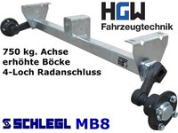 750 kg. Achse erhöhte Böcke - AM: 1100 mm AS: 4*100 - ungebremste Anhängerachse
