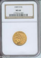 1909-D $5 Indian Gold Coin Ngc Ms64 Ms-64 Beautiful Near Gem No spots !