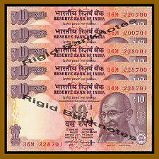 5 Pcs x India 10 Rupees, 2014 P-102 (A) Letter, New Rupee Symbol Unc