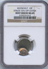 Roos. 10¢ Struck 55% Off-Center Ngc Ms-65